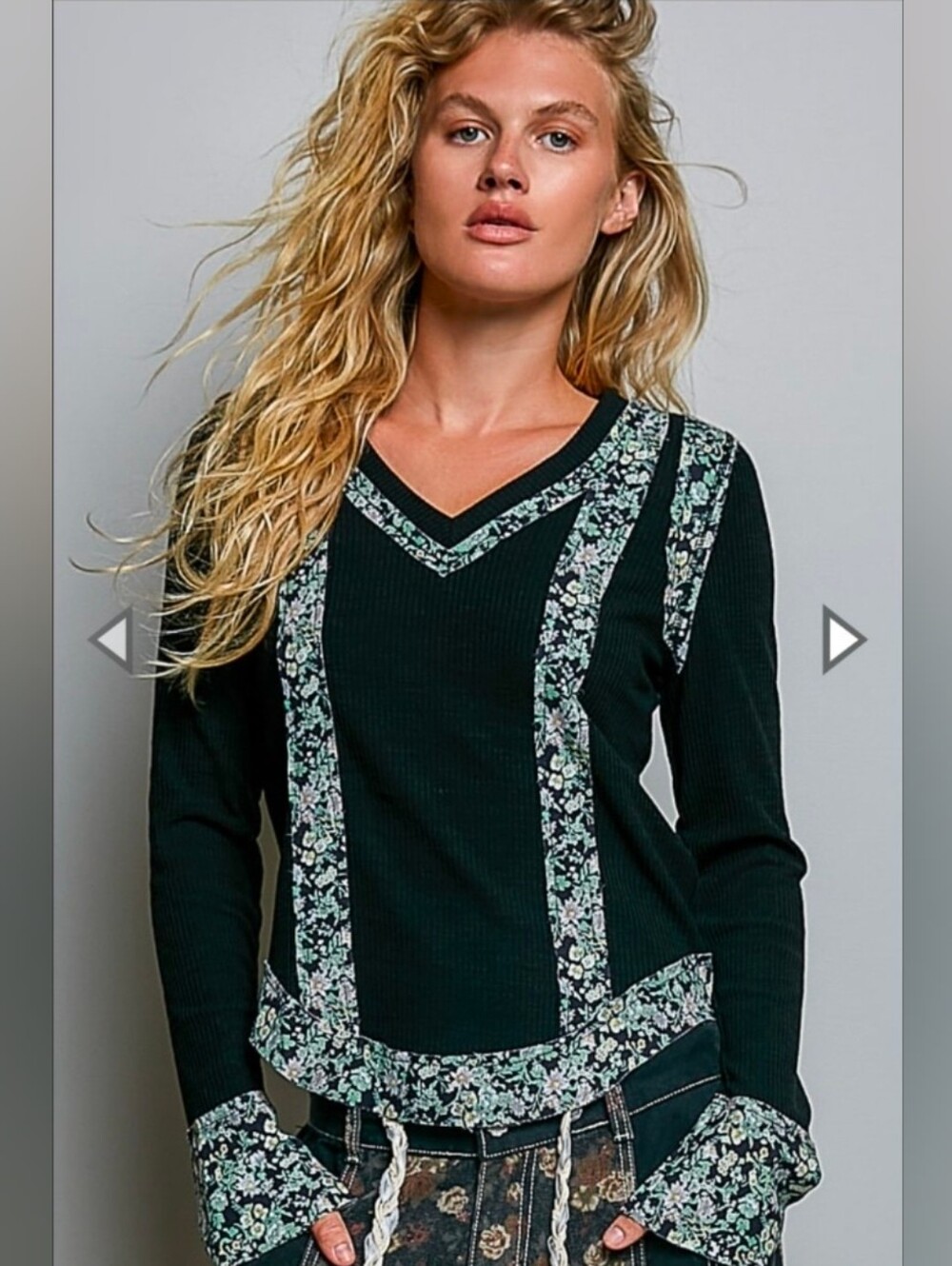 NEW!! POL Floral Trim Black V-Neck Thermal Top, NWT